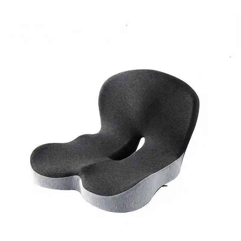 The LiftPoint cushion — one molded piece with a seat cutout and a lumbar rise, grey knit cover.